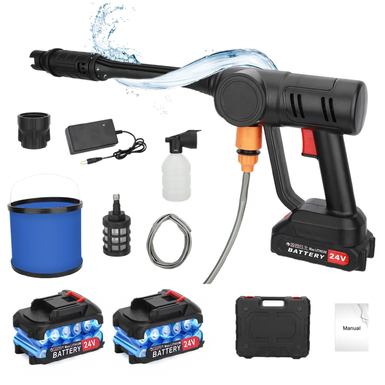 Cordless Car Washer with Adjustable Nozzle, 300W High Pressure Jet Water Wash Cleaner with 2 Batteries, 1 Charger, Water Pipe & Bucket for Outdoor Use, Car Washing, Garden & Furniture Cleaning Black