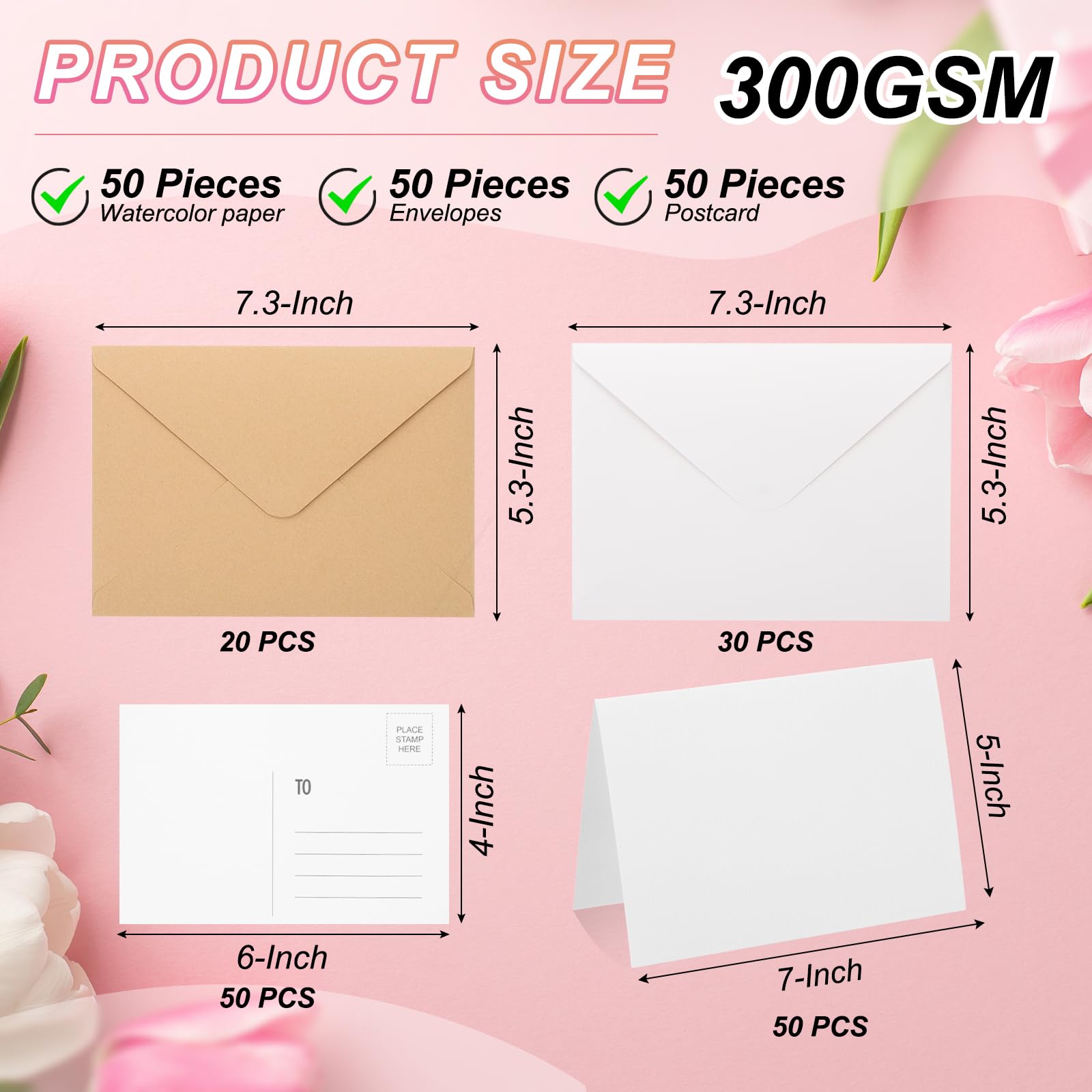 PATIKIL 50 Pack 5x7 Inch Foldable Watercolor Cards with Envelopes, 50 Pack Postcards, 140lb/300 GSM Pure Cotton Paper for Art Painting Creative Thank Note