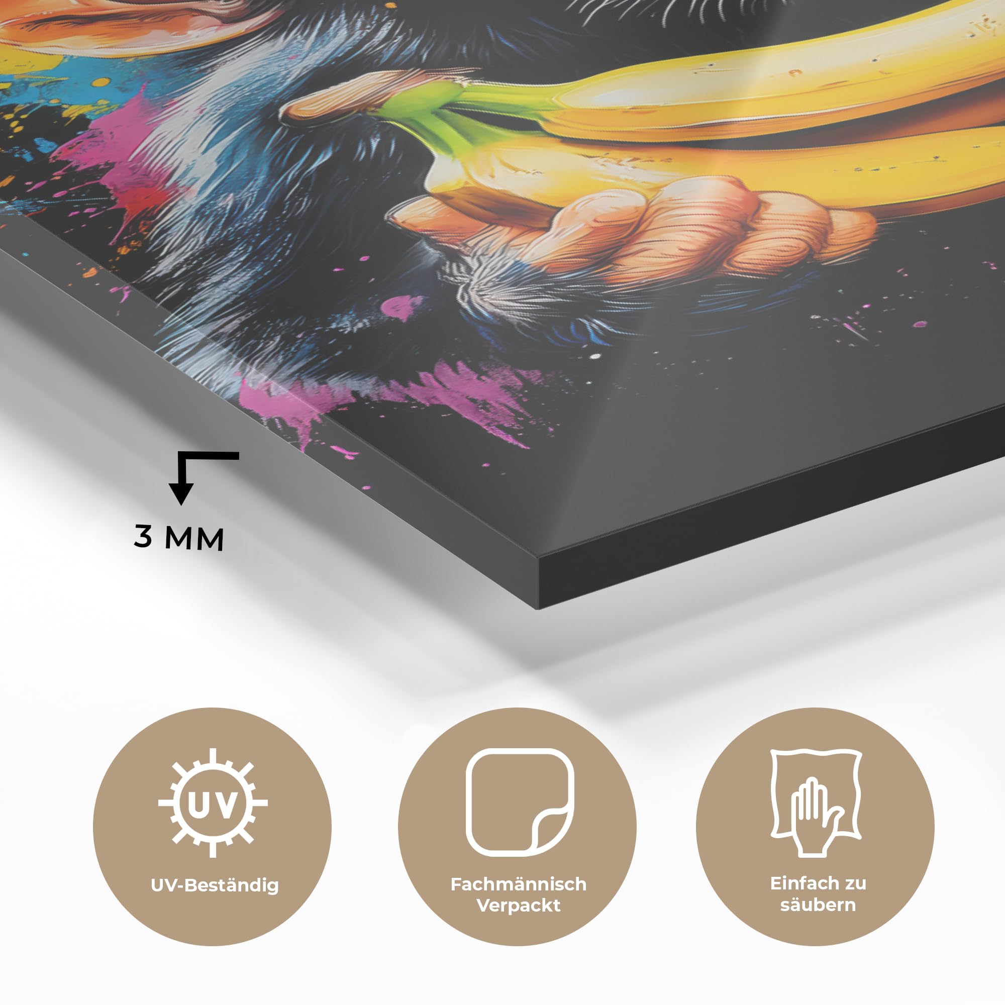 MuchoWow© Bild auf Glas 40x60 cm Schlafzimmer Bilder Badezimmer Wand Deko Wohnzimmer Modern Wanddeko Bilderwand Geschenk Affe - Graffiti - Bunt - Bananen - Modern