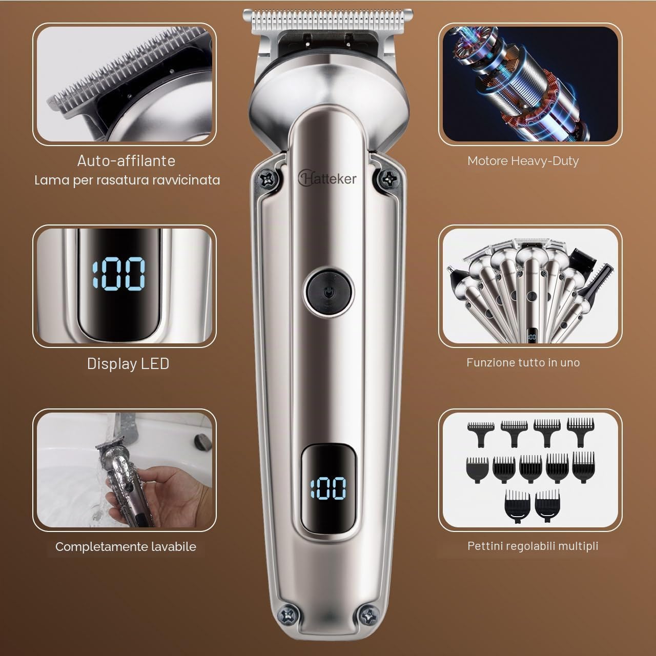 Hatteker Regolabarba Rasoio Elettrico Barba Professionale 7 in 1 Macchinetta per Barba