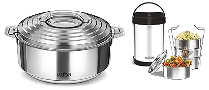 MILTON Royal 4 Insulated Tiffin Box, 2.4 L, Steel Plain & Milton Galaxia 3500 Casserole, 3.3 litres, Silver
