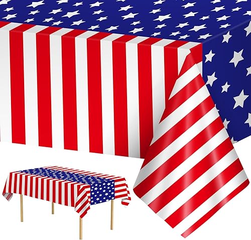 Litmitfu 3 Pcs Patriotic Tablecloth 4th of July Decorations - Disposable Plastic Patriotic Themed Table Cover for July 4th Decoration Memorial Independence Day Party Supplies Table Decor, 108x54 Inch