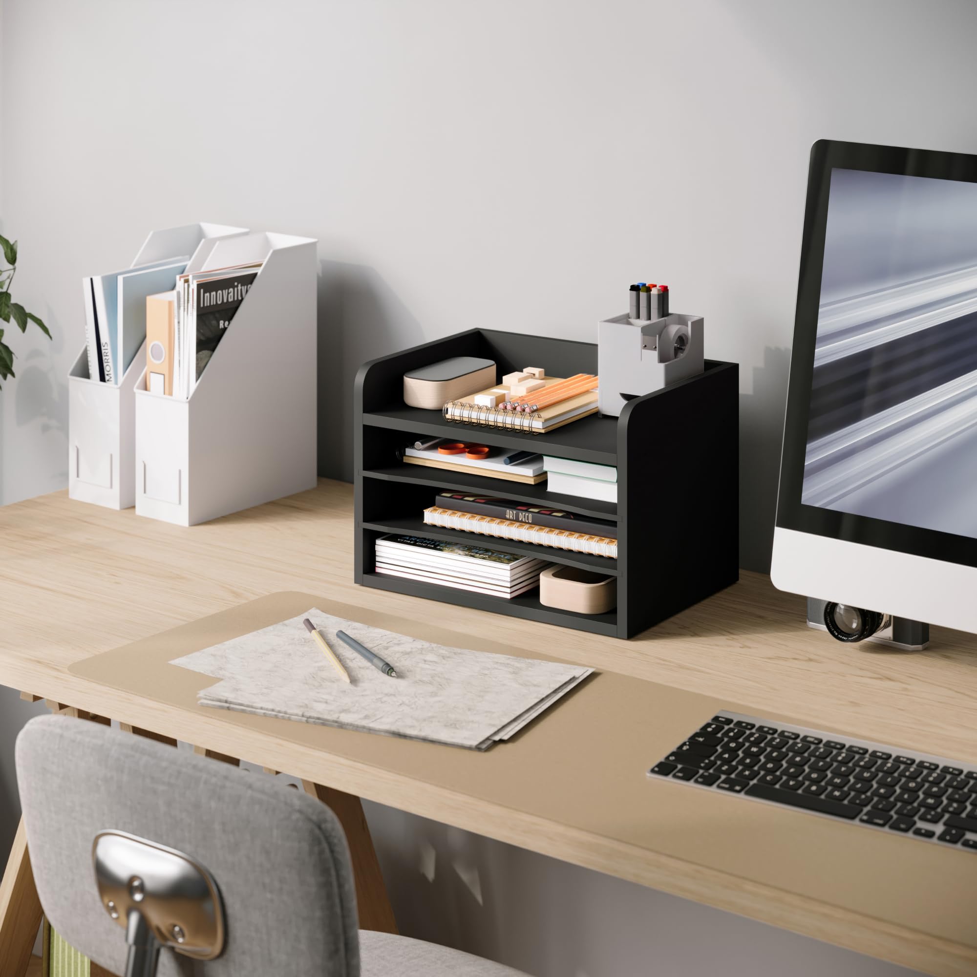 Ballucci Akten-Organizer, 4-stöckig, Büro-Schreibtisch-Organizer, offene Oberseite, Holzpapier-Organizer für Klassenzimmer, Postsortierer, Papierablage mit verstellbaren Ablagen, Schwarz