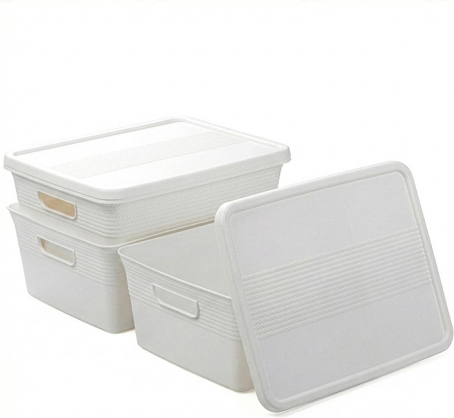 BINO | Plastic Storage Bins with Lids, 13 Liter - 3 Pack, White | THE BRAIDED COLLECTION | Plastic Bins for Organization Woven Storage Baskets for Organizing Pantry Shelf Organizer Basket Bin