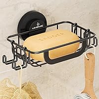 LEVERLOC Suction Cup Soap Holder with Hooks - Rustproof Stainless Steel Shower Soap Tray, Wall-Mounted Caddy for Bathroom Kitchen Sink, Black