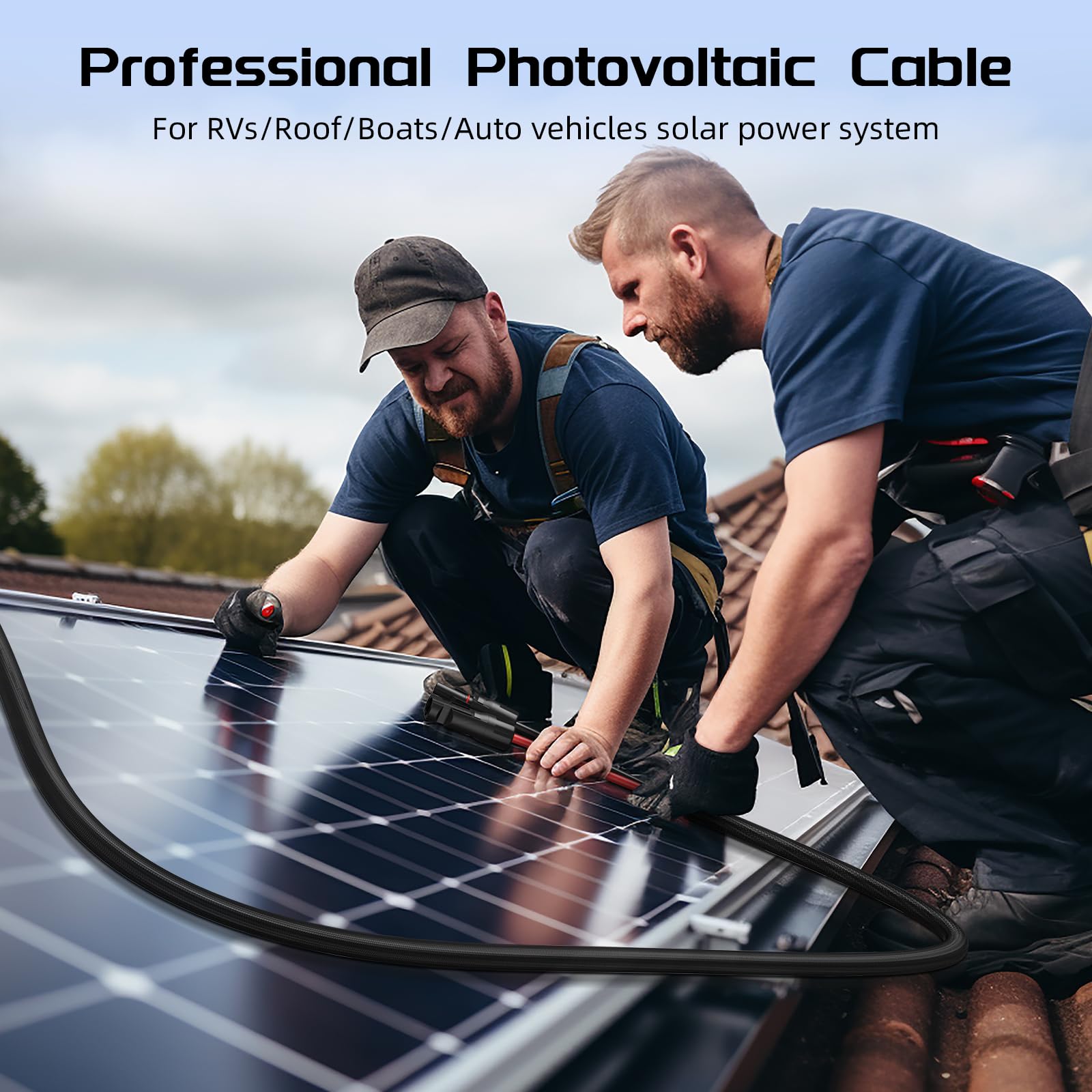 Cable de extensión de panel solar de doble cable de 30 pies, cable fotovoltaico de calibre 12 con conectores impermeables IP68 hembra y macho, funda protectora ignífuga y tapas antipolvo para el