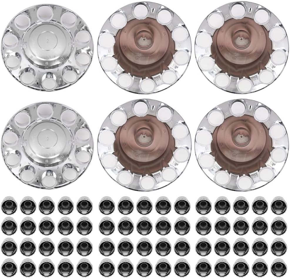 G-PLUS Axle Wheel Covers Removable Hub Caps 2 Front & 4 Rear w/ 33mm Thread-On Lug Nut Covers for Semi Trucks 20" & 22.5" & 24.5" (Chrome ABS Plastic)