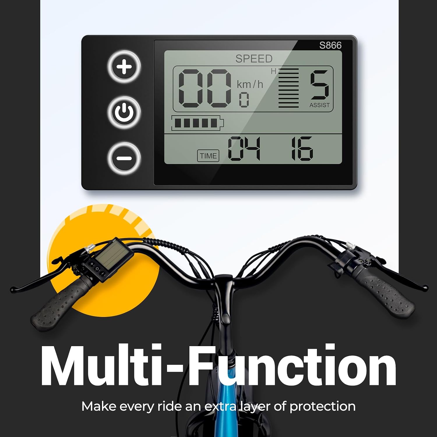 Close-up of the LCD display showing speed, battery level, and pedal assist settings