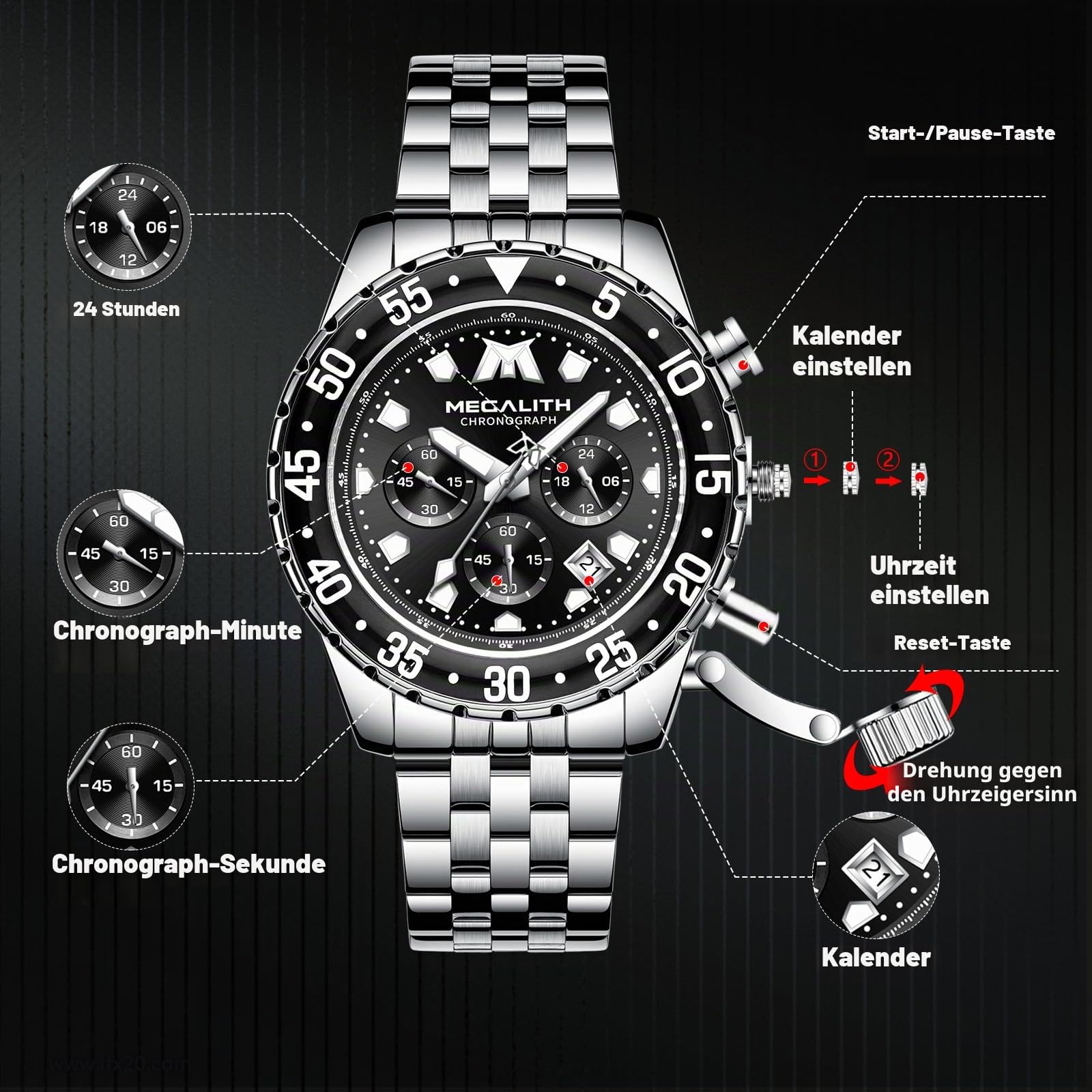 MEGALITH Herren Uhren Edelstahl Armbanduhr: Chronograph Wasserdicht Analog Quarz Herrenuhren mit Leuchtend Datum - Stilvoll Geschenke für Business Männer Jubiläum Geburtstag