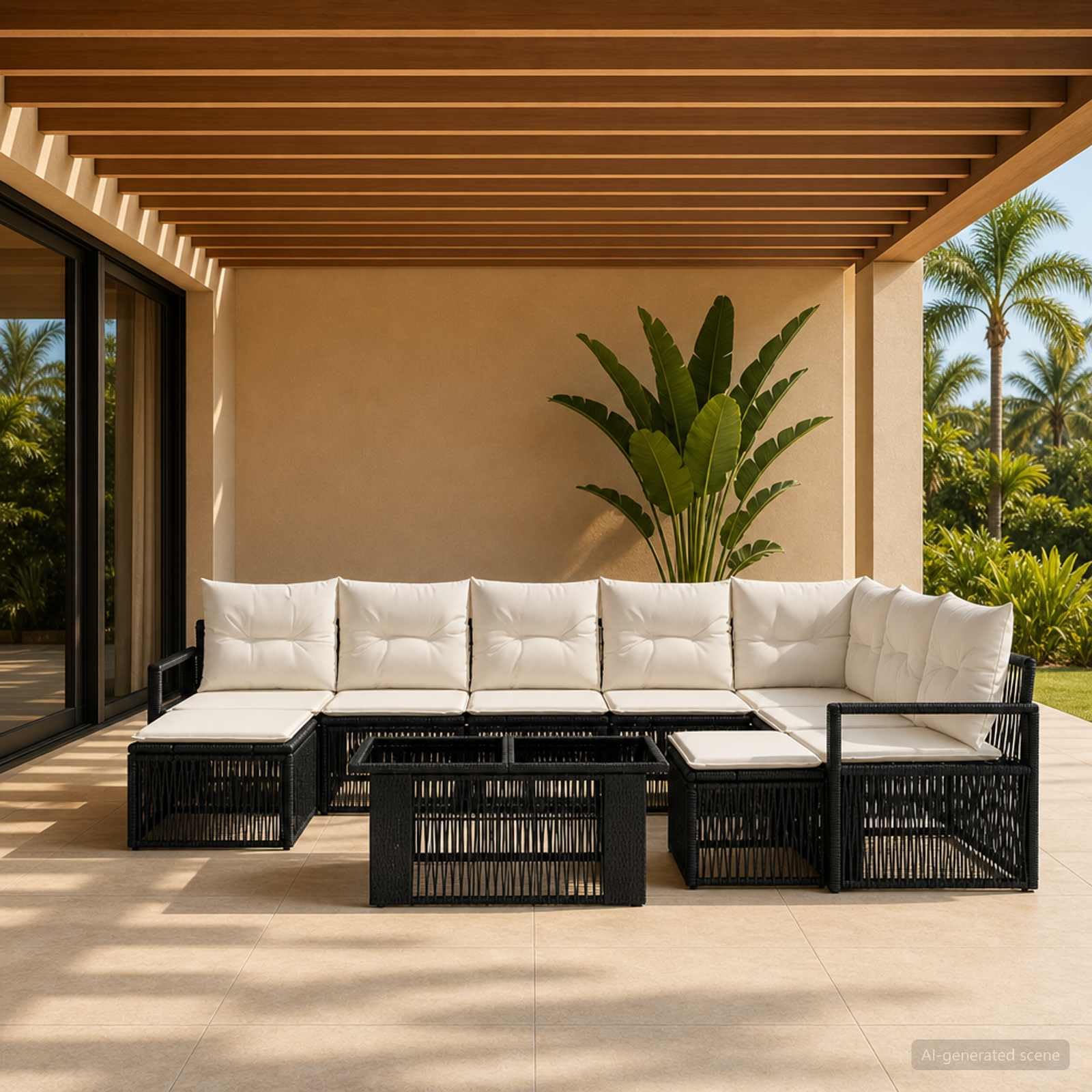 Hothingwell 10-częściowa sofa ogrodowa, czarno-kremowa, biała, Polyratan