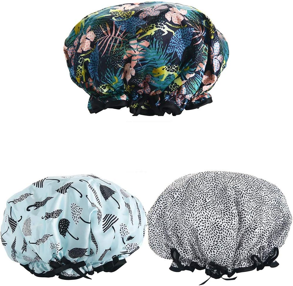 Shower Caps, 3 PACK Bath Cap for Women Waterproof & Adjustable Double Layered Shower Cap (Multi-colored8)