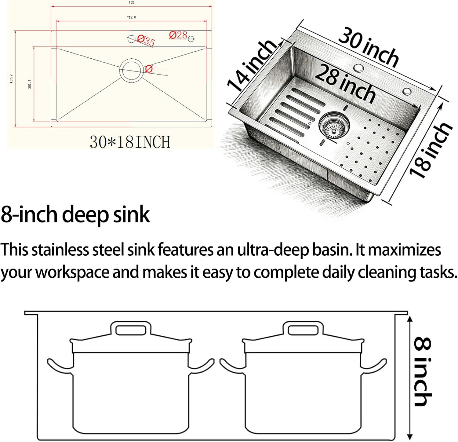 Kitchen Sink, 304 Stainless Steel Sink, Single Bowl, Drop In Kitchen Sink with Complete Accessories, Perfect for Homes, Apartments, and Modern Kitchens in All Settings(Stainless Steel, 30 * 18 in)