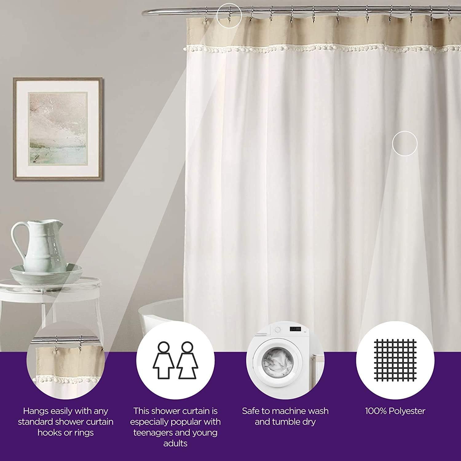 Adelyn Pom Pom Shower Curtain 72" W x 72" L, Neutral - White Shower Curtain -Pom Pom Bathroom Curtain - Farmhouse & Boho Bathroom Decor