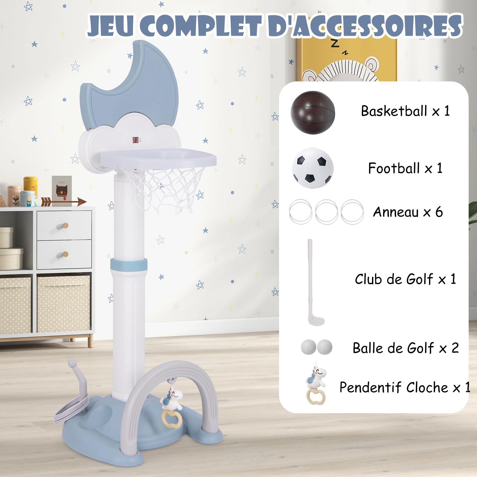 GOPLUS 4 en 1 Panier de Basket Enfants Réglable 114-152 cm, Effet Sonore de But, Tableau de Score Electronique en Forme de Lune, Football, Jeu de Golf, Anneaux, pour Intérieur Extérieur (Bleu)