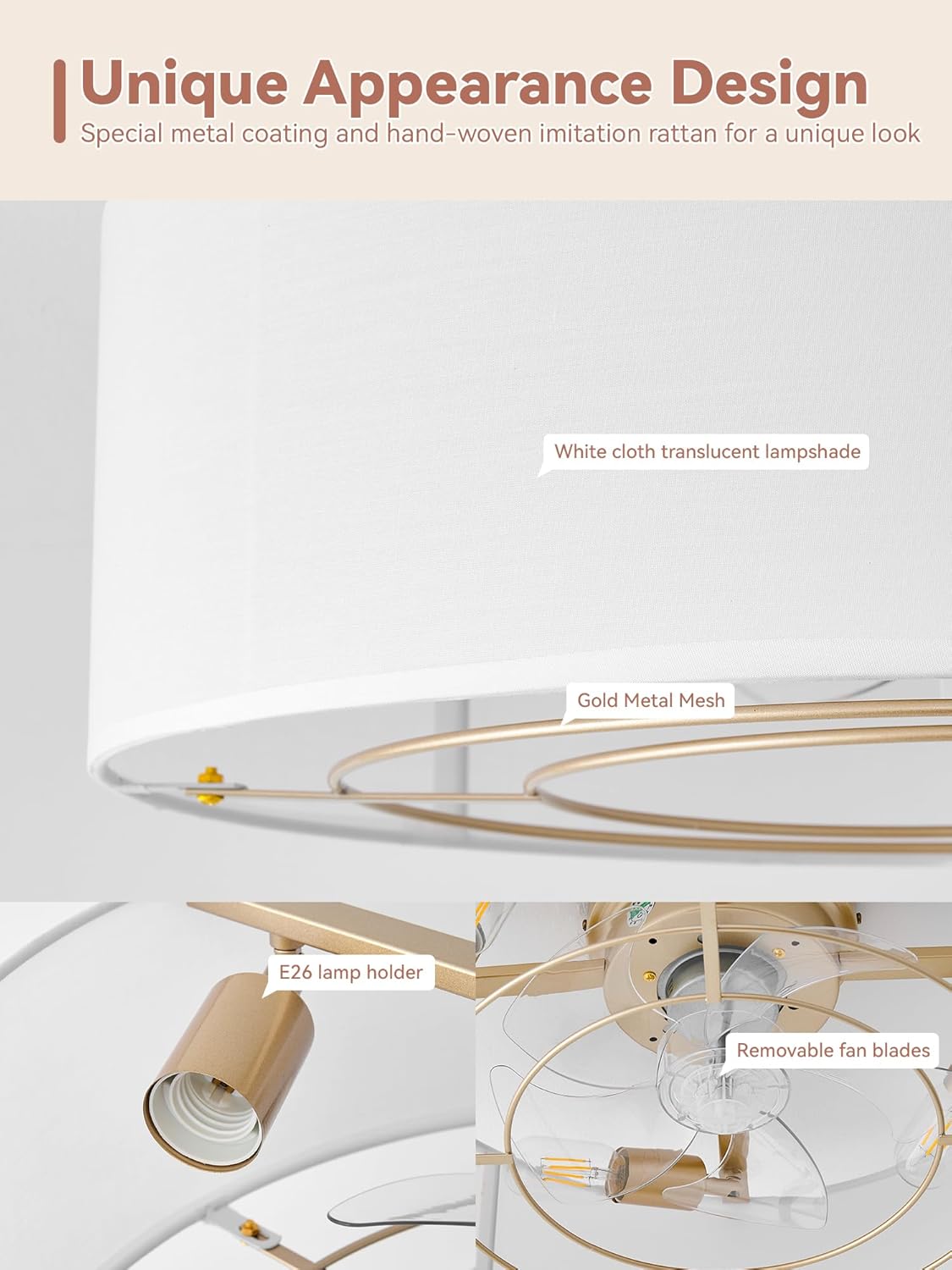 Low Profile Ceiling Fans with Lights, 20 Boho Rattan Ceiling Fan with Light Flush Mount and Remote Control, Drum Caged with 6 Speeds for Bedroom, Nursery, Living Room