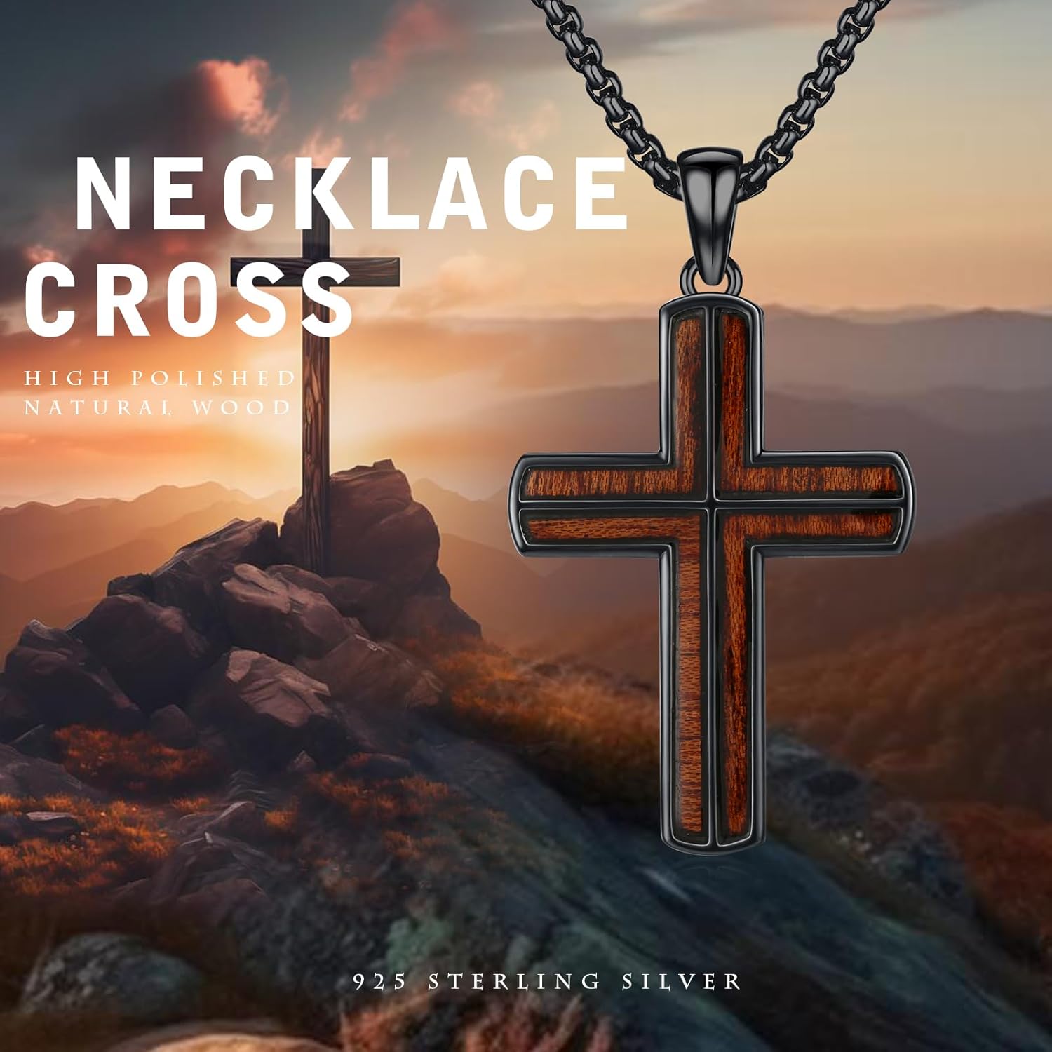 MEDWISE Natural Wood Cross Necklace Black for Men, S925 Sterling Silver Wooden Ebony Cross Protection Black Jewelry for Men Women Father Husband Friend Birthday Gifts 20+2'' Chain - Image 3