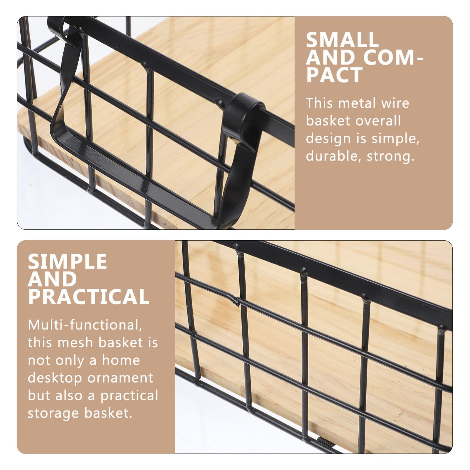 Cesta de Almacenamiento de Alambre Negra Asas de Hierro y Base de Madera | Organizador Multiuso para Cocina y Frutas, Diseño Sencillo y Práctico, Uso en Escritorio Doméstico