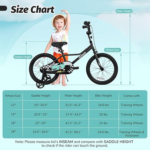 Miniatura 7 de Olakids Bicicleta para niños, 12, 14, 16, 18 pulgadas, con ruedas de entrenamiento, timbre de seguridad, asiento ajustable y manillar, freno de mano