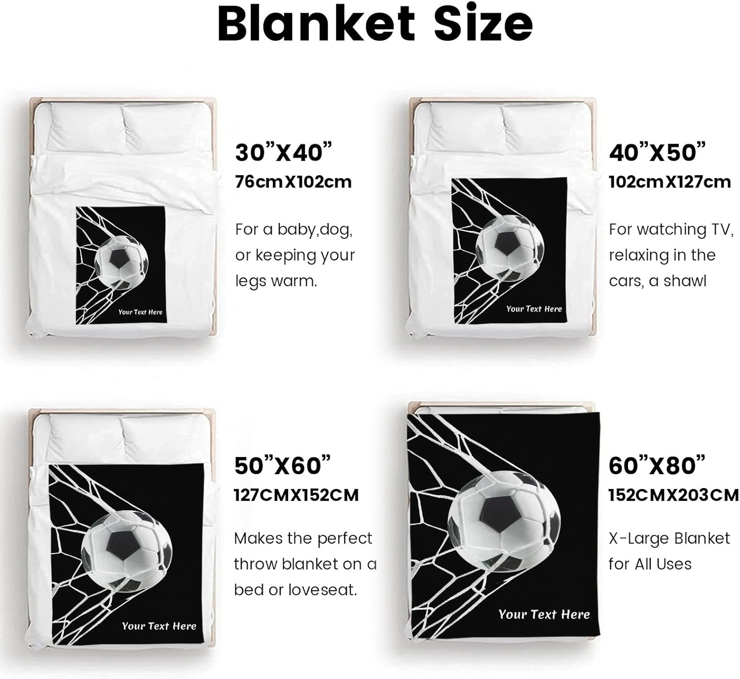 Customized Soccer Blanket, Personalized Throw Blanket for Couch Sofa Bed, Soft Warm Fuzzy Cozy, 60" x 80"