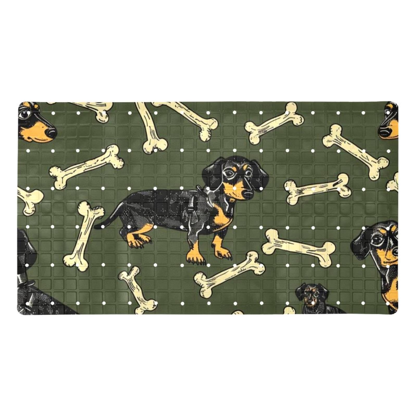 Alfombrilla de baño antideslizante con ventosas de PVC y diseño de perro salchicha negro