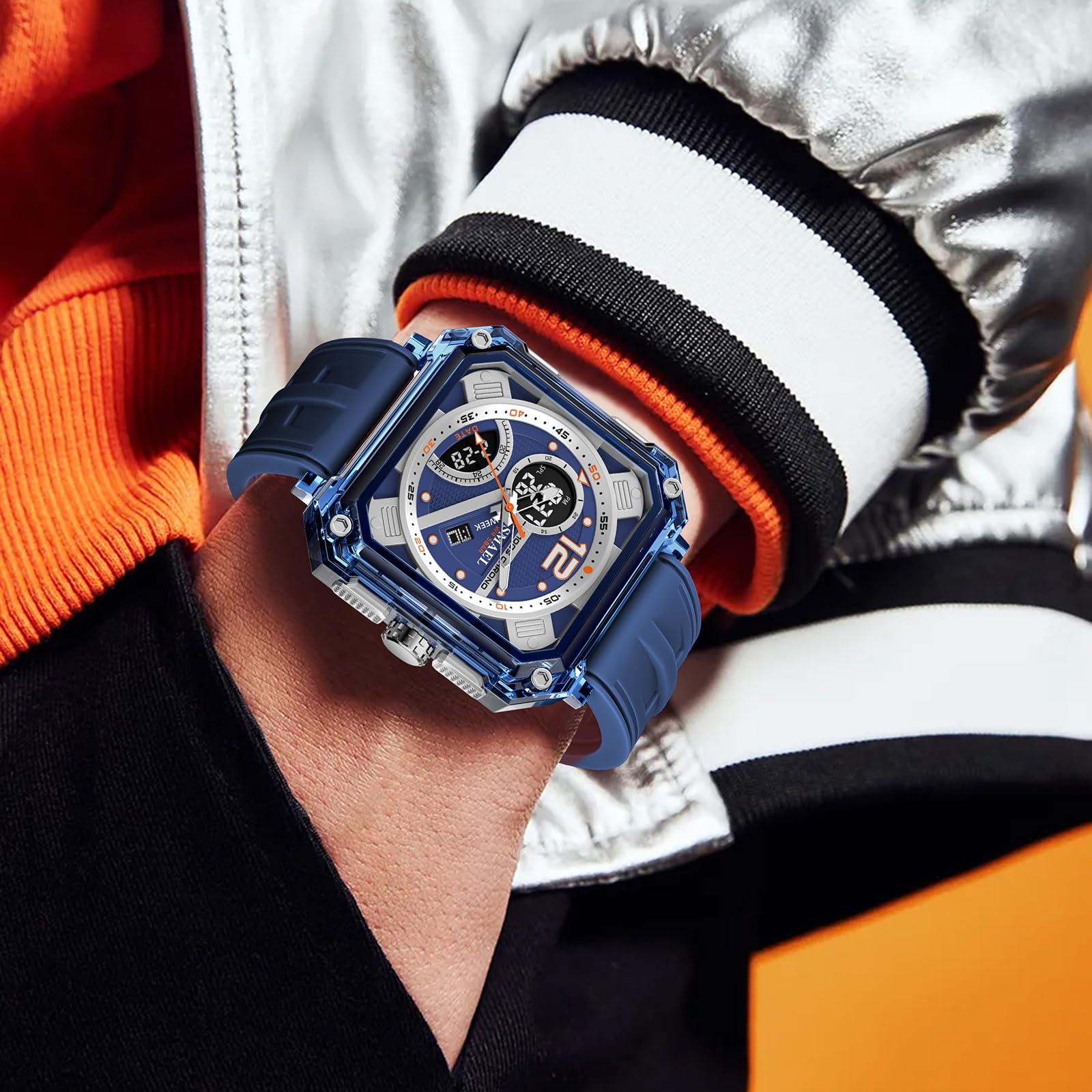 CARLIEN Orologio digitale quadrato trasparente da uomo impermeabile 50M