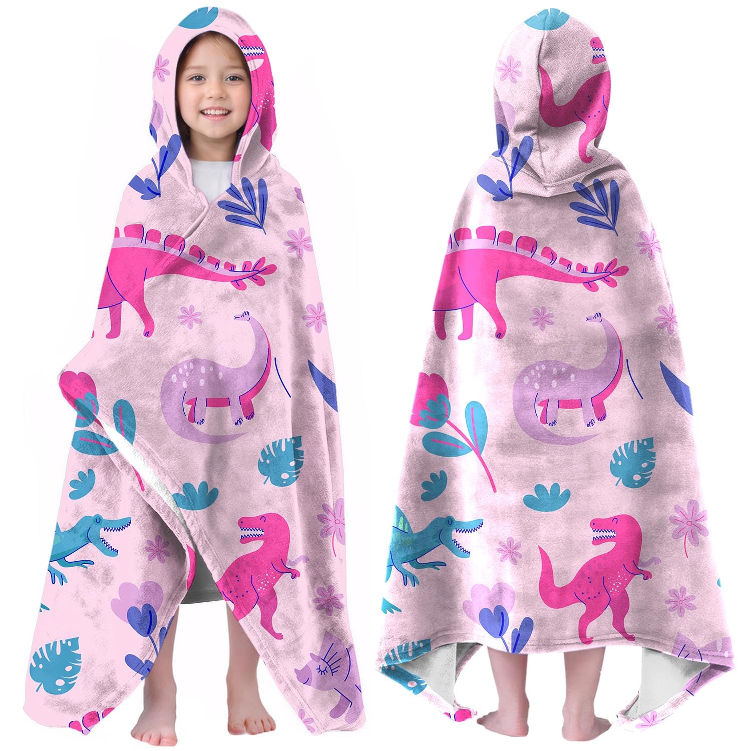 Girls Dinosaur Hooded Beach Towel - 35x60 Inch Quick Dry Kids Bath Towel Wrap With Snap Buttons - View #6