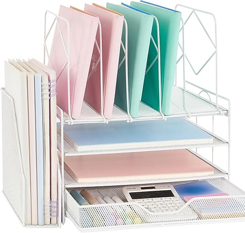 Spacrea Organizadores y accesorios de escritorio, bandejas de letras de 4 niveles, organizador de papel con soporte para archivos y cajón,