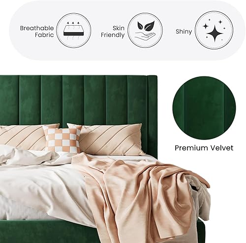 Miniatura 90 de SHA CERLIN Marco de cama matrimonial/plataforma tapizada de terciopelo con cabecero, soporte de listones de madera resistente, base de colchón, no