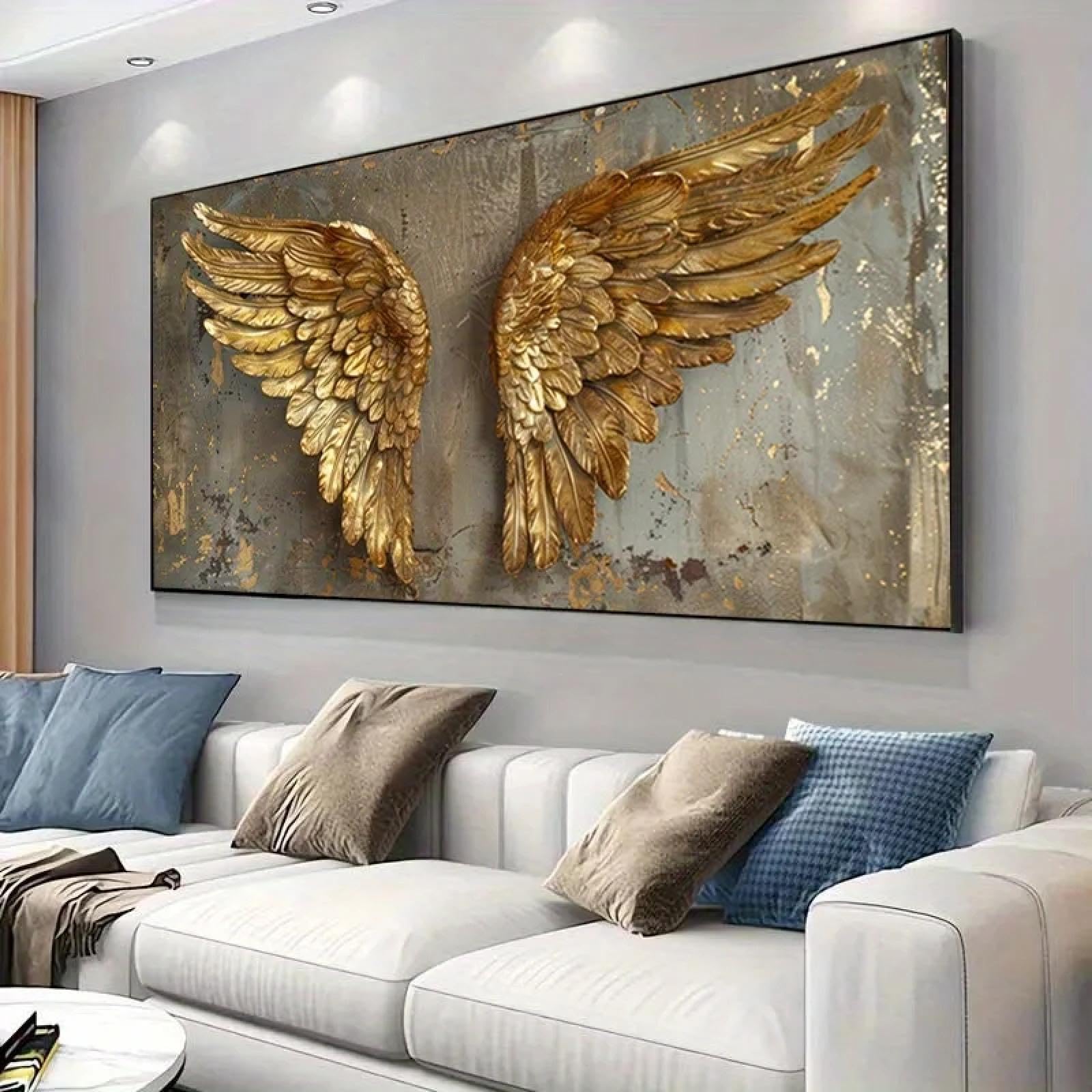 ZHUOYA Modern Decor Large Canvas Art Golden Wings Distressed Texture Elegant Wall Decor for Living Room and Bedroom 80x120cm InternalFrame