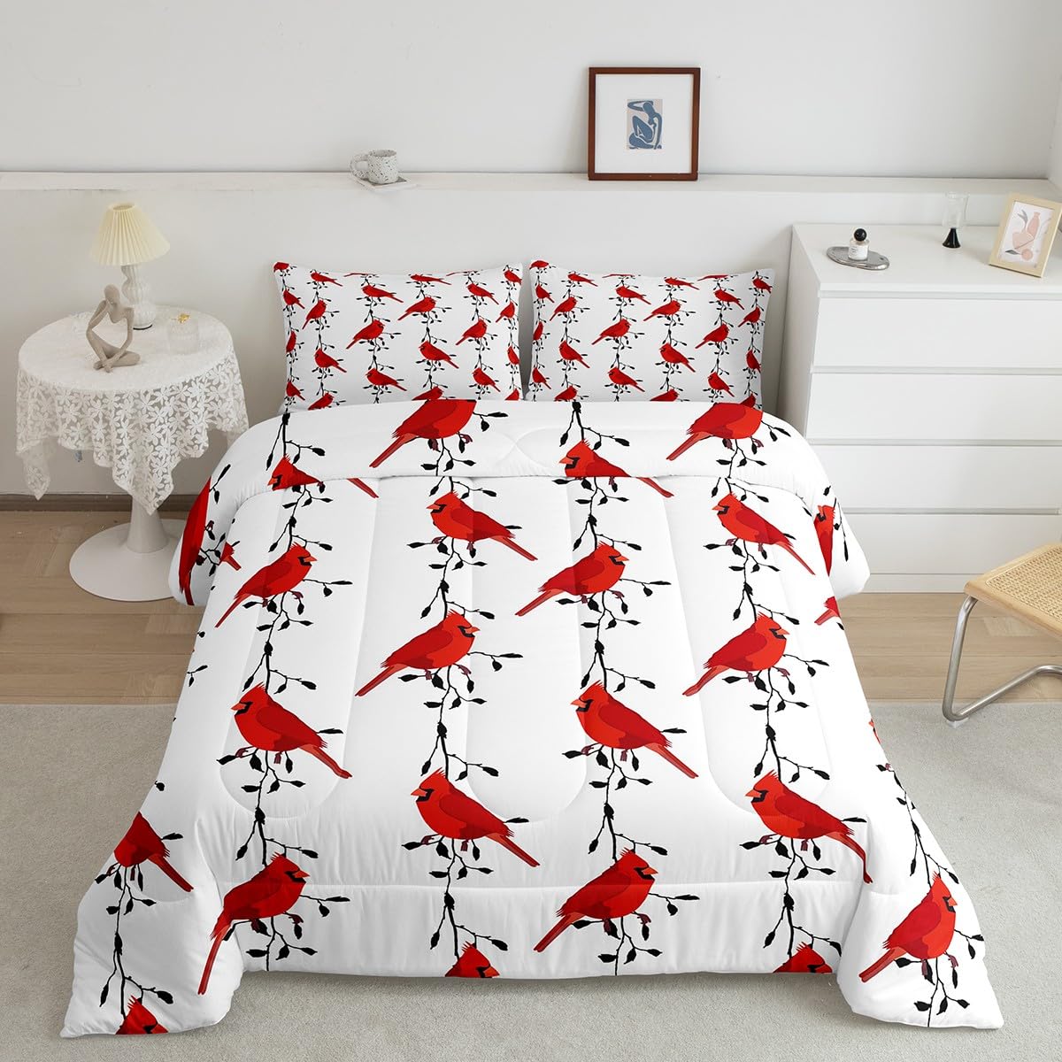 Feelyou Kids Cute Bird Bedding Set for Girls Boys Red Birds Cardinals Comforter DecorBlack Tree Branches Comforter Set Farmhouse Country Duvet Set King Size 3Pcs Quilt Boys
