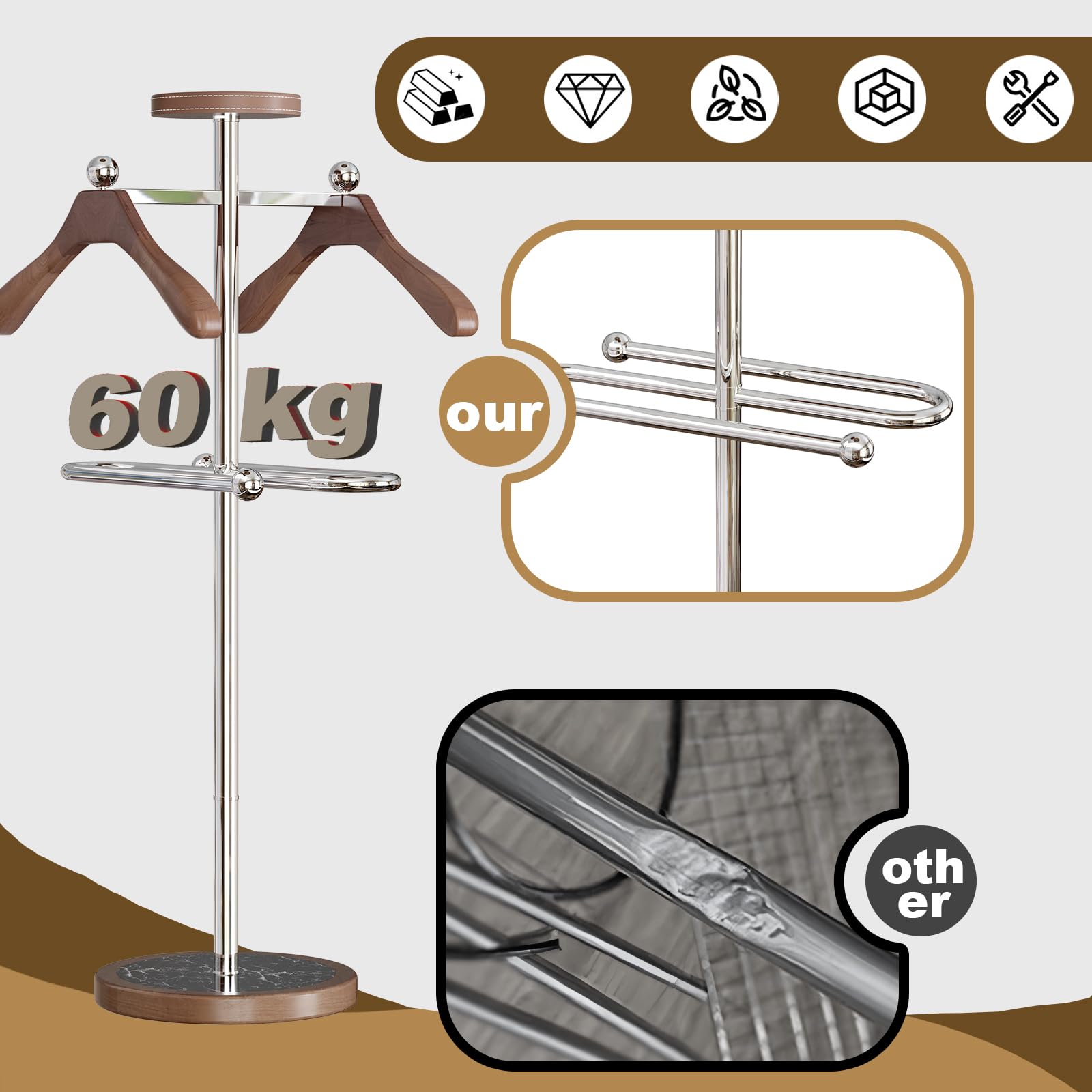 Soporte de metal con bandeja, soporte de valet para hombre con 2 perchas para trajes, soporte multifuncional con base resistente, para entrada, dormitorio