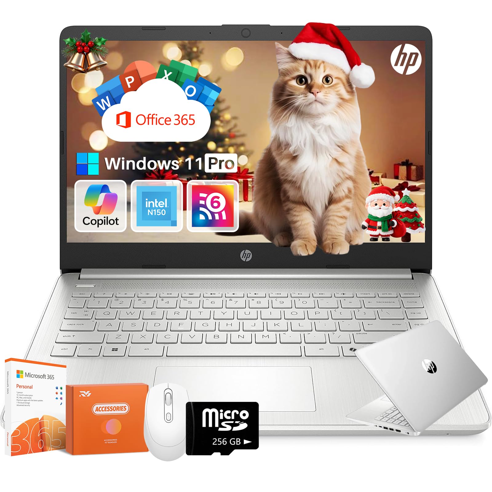 HP 14 inch Laptop for Student Business, Intel Processor N150, 16GB RAM, 384GB Storage(128GB eMMC+256GB MSD), Copilot AI, Windows 11 Pro, Wi-Fi 6, HD