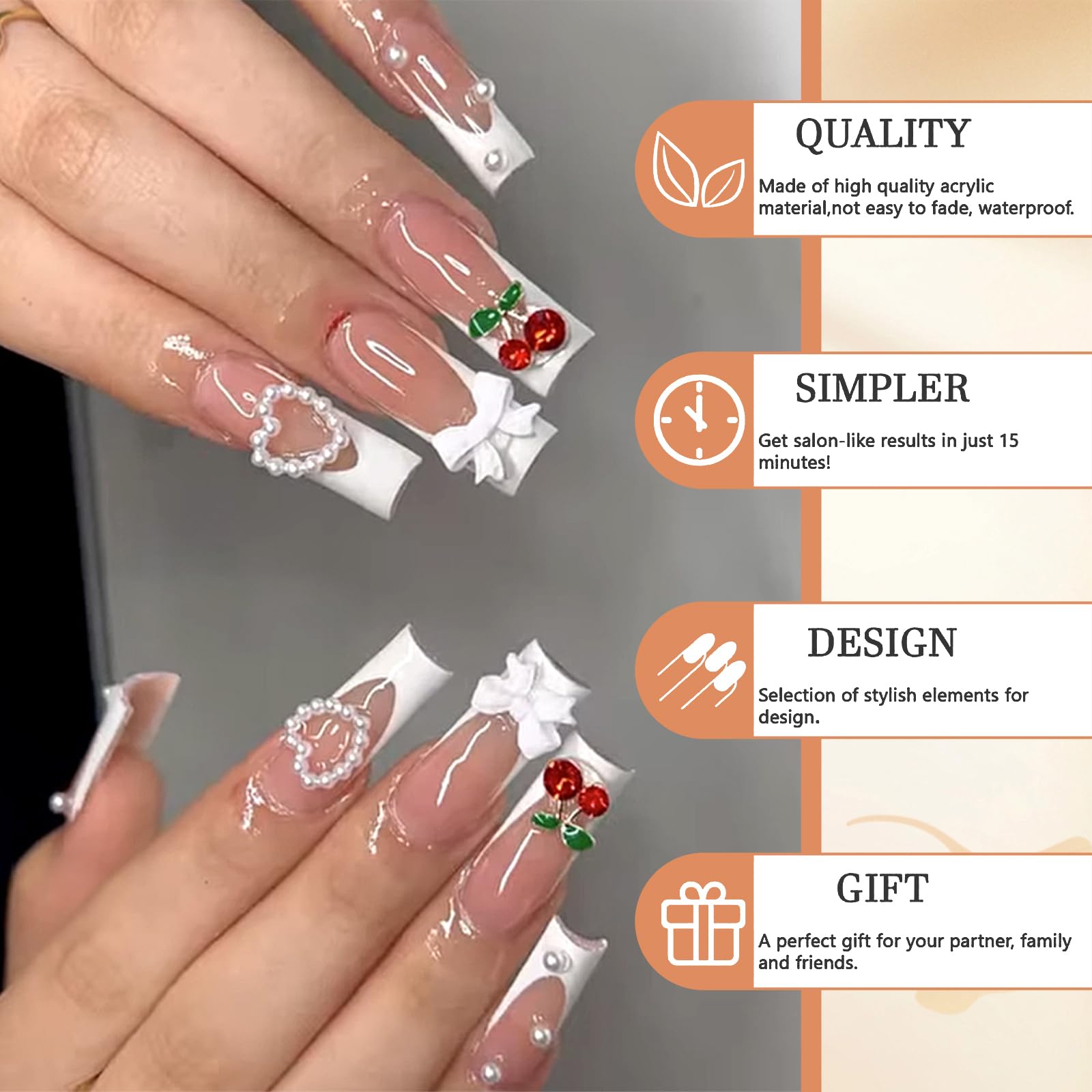 GlamRays 3D Cherry Bow Pearl False Nails White French Tip Press On Nails Extra Long Square False Nail With Design Glossy Full Cover 24Pcs - Image 4