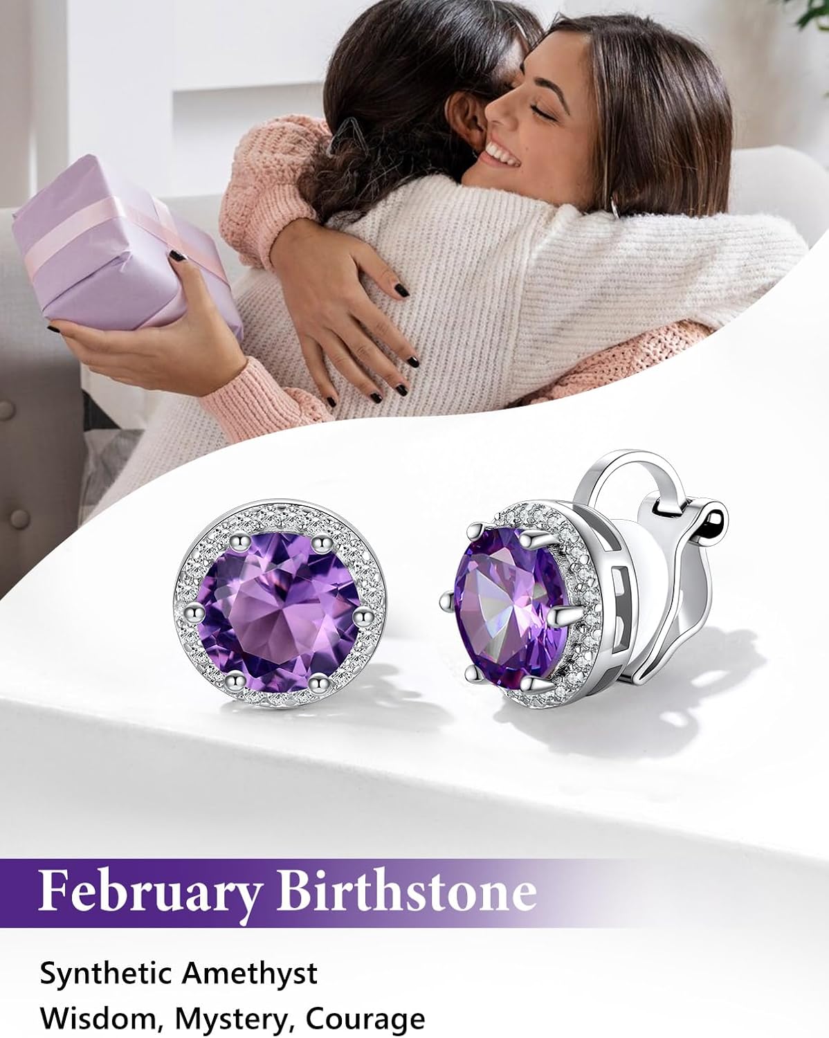 Silvora 925 Silver 8MM Cubic Zirconia Birthstone Clip On Stud Earrings Round Non Pierced Earrings For Women,Come with Box - Image 6