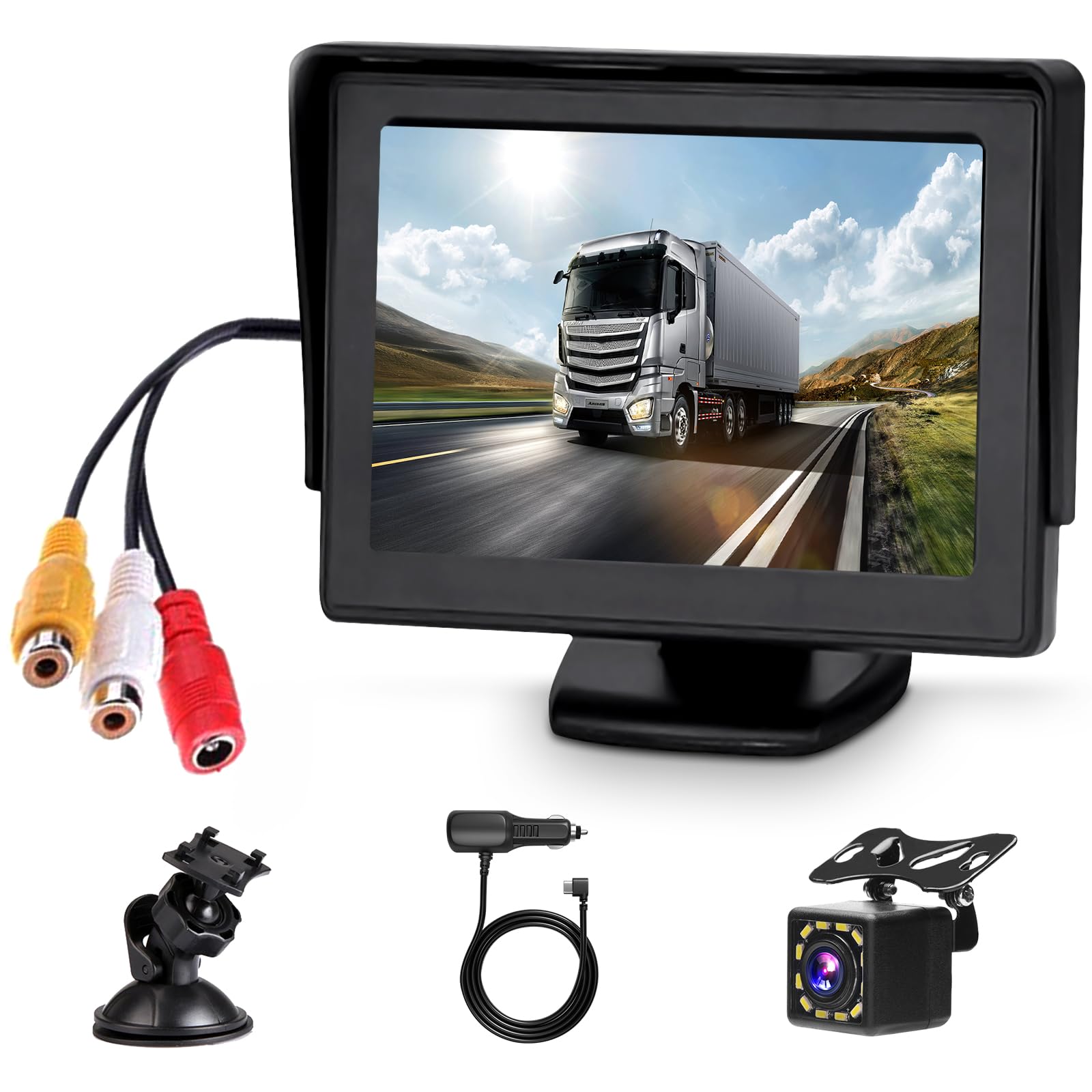 Cámara de Marcha Atrás de Coche con 4,3 Pulgadas LCD Monitor, 12 LED Cámara, Visión Nocturna, IP68 Impermeable, con Cable AV de 6,5 m + Adaptador de 3,5 m