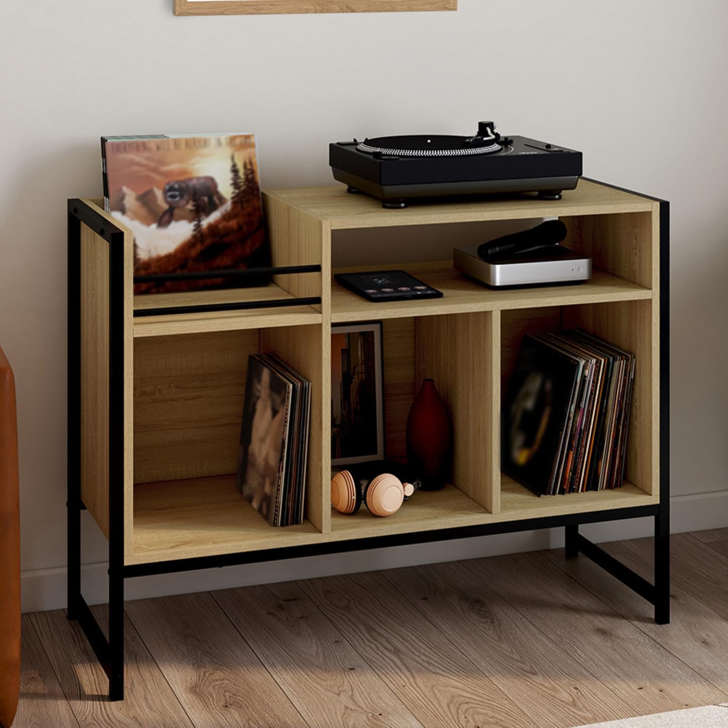 IDMarket - Meuble Vinyle, Buffet de Rangement 100cm Detroit Bois et Noir Design Industriel