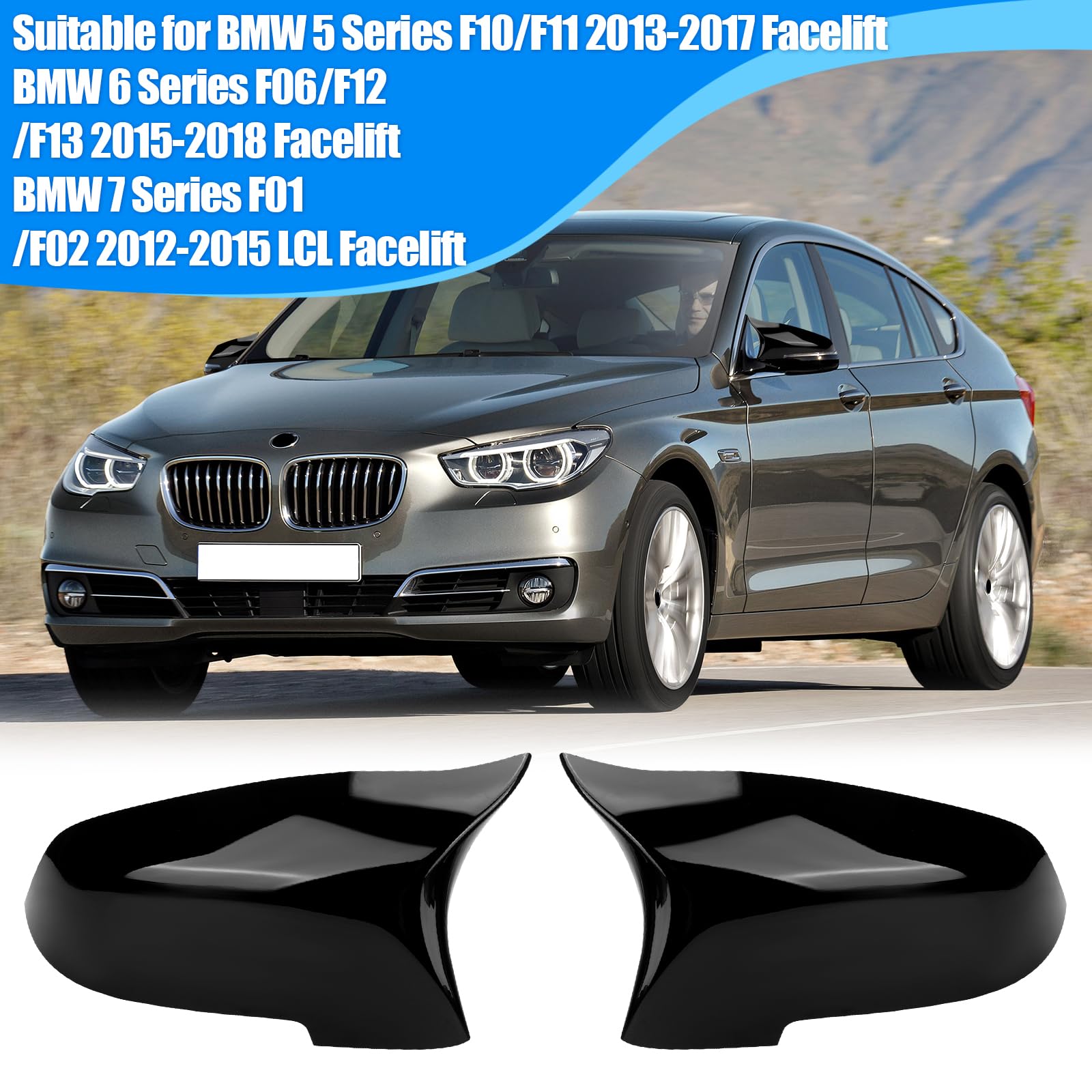 1 Par Tapa Cubierta del Espejo Reemplazar para BMW 5 Series F10/F11/6 Series F06/F12/F13/7 Series F01/F02, Tapa de Espejo Retrovisor Brillantes Negro