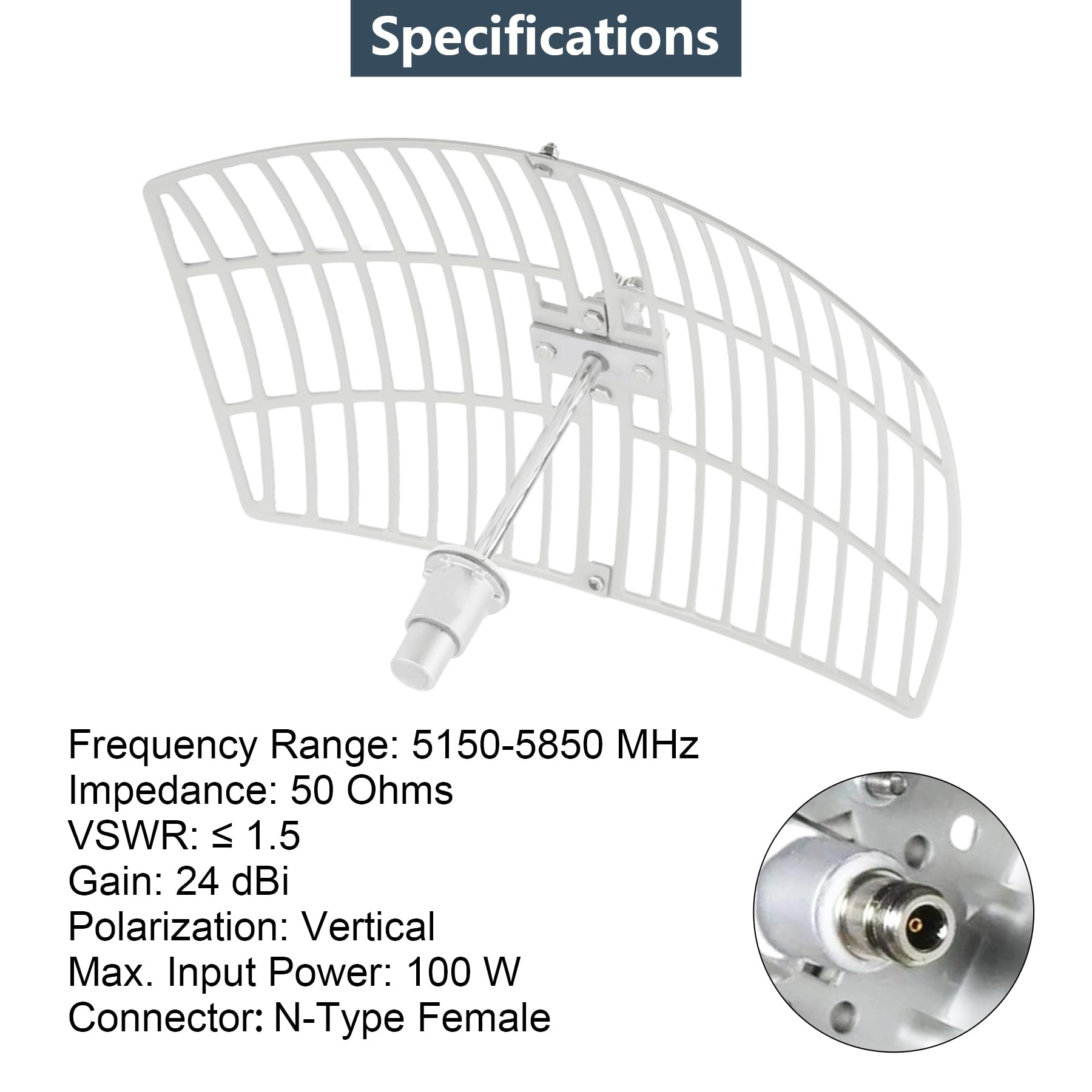 Antenne parabolique extérieure 5,8 GHz 5 GHz (5150-5850 MHz) WiFi extérieur directionnel haut gain 24 dBi parabolique avec câble RP-SMA de 4,9 m