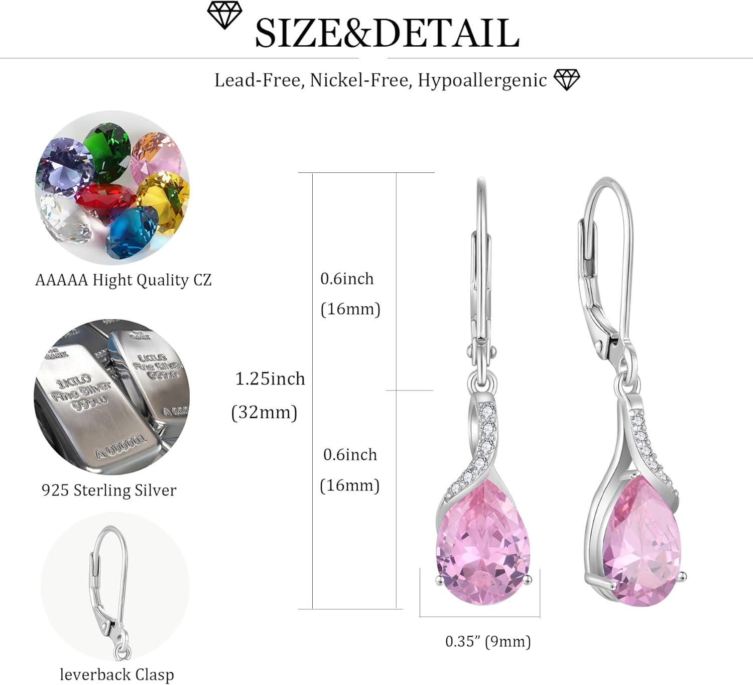 Alexandrite Earrings for Women Sterling Silver Dangle Drop Leverback Birthstone Earrings Hypoallergenic Jewelry for Women - Image 6