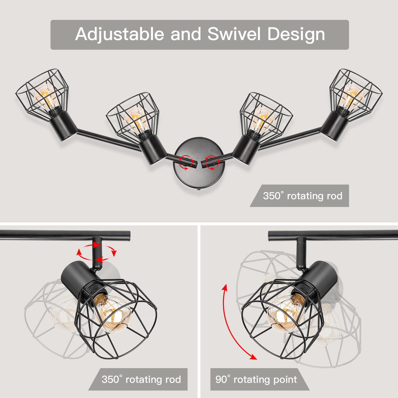 Dehobo Faretti da Soffitto con 4 Faretti Orientabili, Lampada da Soffitto Led Moderno Industriale in Metallo Nero, Luci da Soffitto per Soggiorno Corridoio, Lampadine E14 non Incluse Max. 40W
