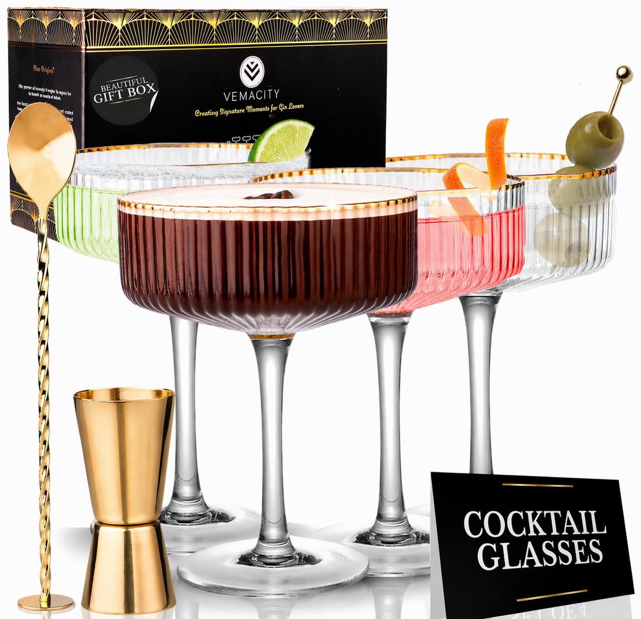 Vemacity Juego de 4 vasos de Martini acanalados con bordes dorados, cuchara y medidor | Juego de 4 vasos de cóctel Coupe de 300 ml | Platillos de champán | Copa de cóctel grande | Copa de Martini