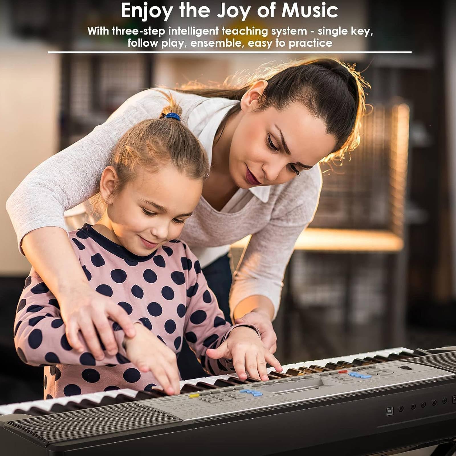 MAMIZO 61 Tasten Keyboard Piano Kit mit Ständer & Hocker,Digital Keyboard für Anfänger, Keyboard Kinder, E Piano mit 300 Klänge, 3-Stufen-Lehrmodus, LCD-Display, Notenständer