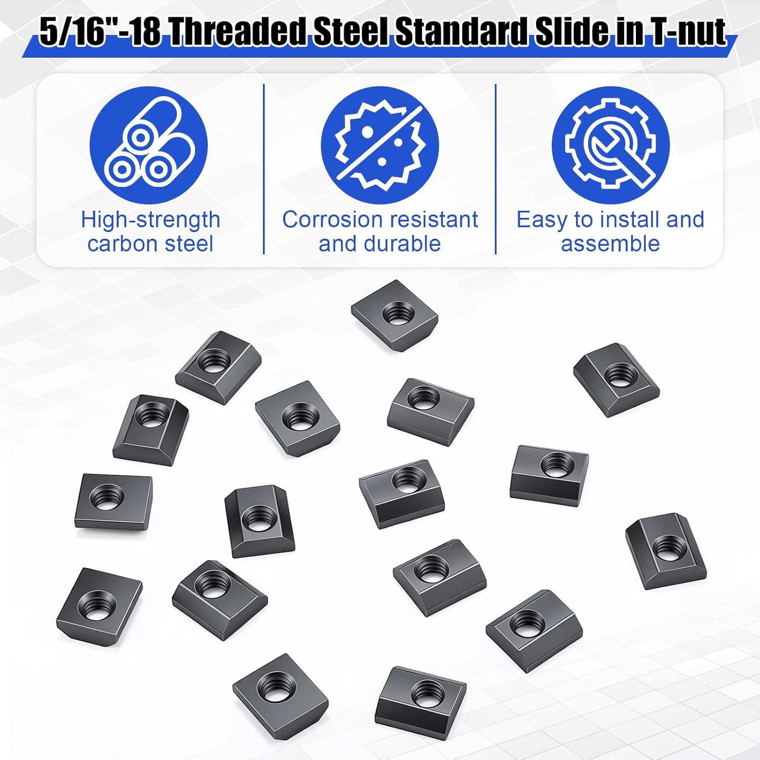 100 Pack 15 Series 5/16"-18 Slide in Economy T-nut, Threaded Steel Standard Slide in T-nut T-Slot Nuts Accessory Black Galvanized for Aluminum Extrusion T Slot Track DIY UNC Threaded