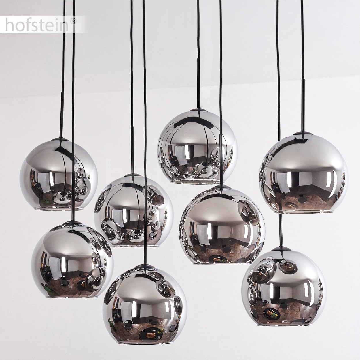 HOFSTEIN Lampadario a sospensione Koyoto a 8 luci in metallo/vetro nero/cromo/fumo, moderno lampadario in stile retrò/vintage, Ø ombrelloni 25 cm, E27, sala da pranzo, cucina, soggiorno