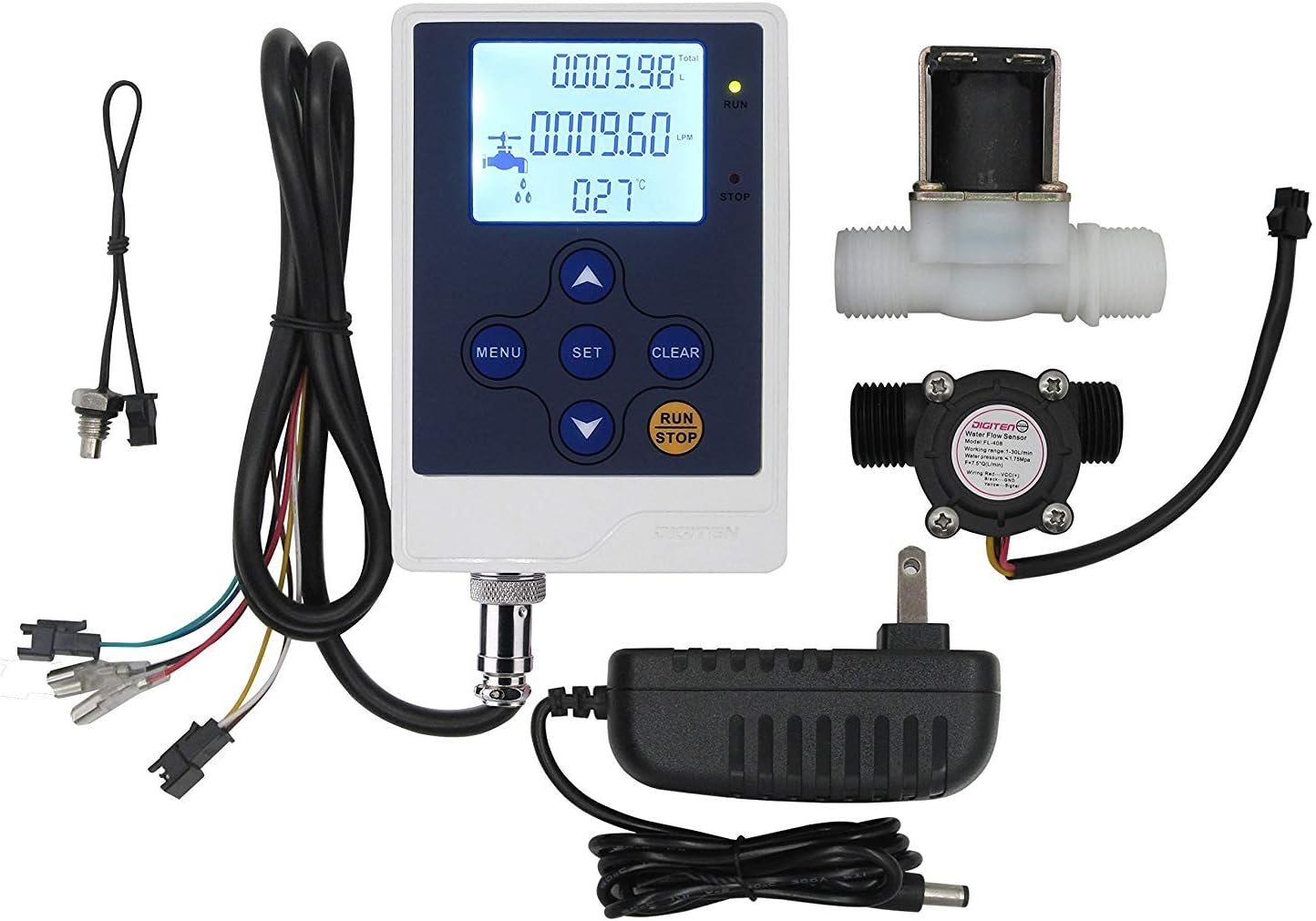 Water Flow Control LCD Display+1/2"Flow Sensor Meter+1/2"Solenoid Valve+12V power