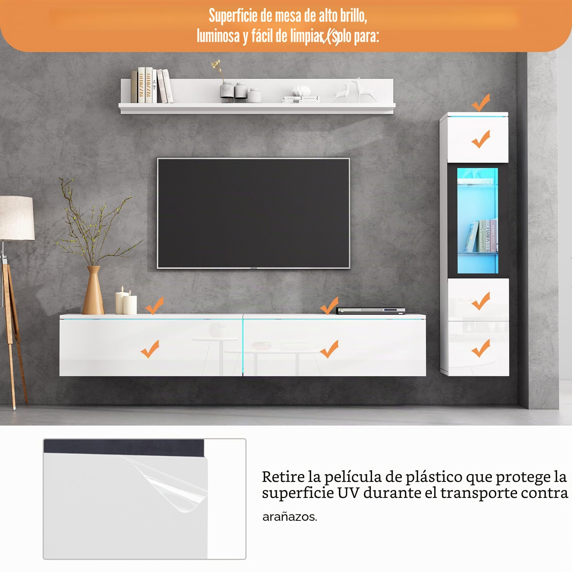 Juego de 3 muebles de salón para TV, iluminación LED, color blanco brillante, mueble de salón, pared frontal, 1 armario para TV, 1 vitrina para salón, 1 estante colgante