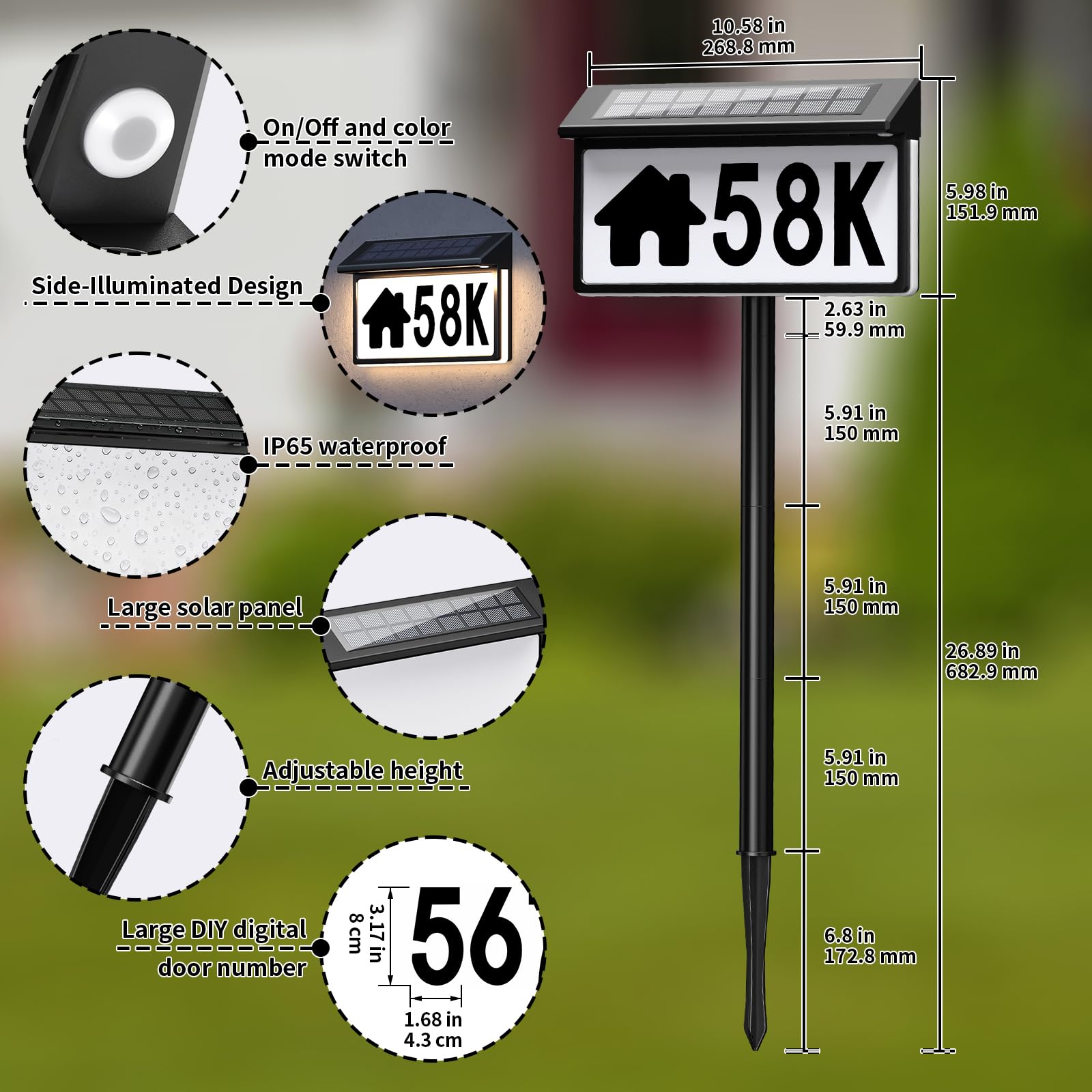 Solar-Adressschild, solarbeleuchtete Hausnummern für draußen, 8 Beleuchtungsmodi, RGB-Farbwechsel, wasserdicht, beleuchtet, Hausnummernschild mit Pfahl, Wandmontage oder im Boden, Solar-Adressnummern