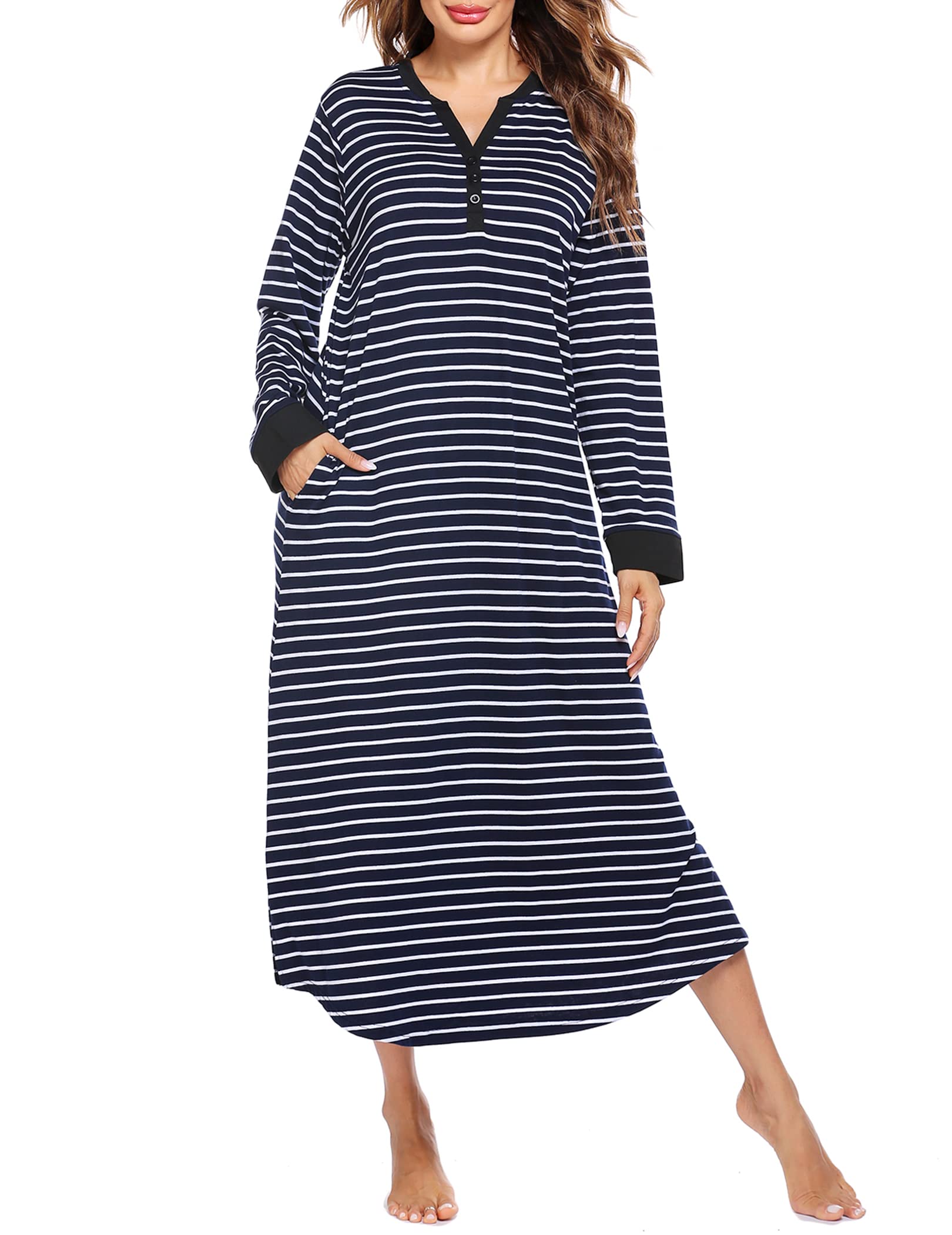 Ekouaer Womens Nightgown Long Loungewear V Neck Nightshirt Sleepwear Full Length Sleepshirt with Pockets