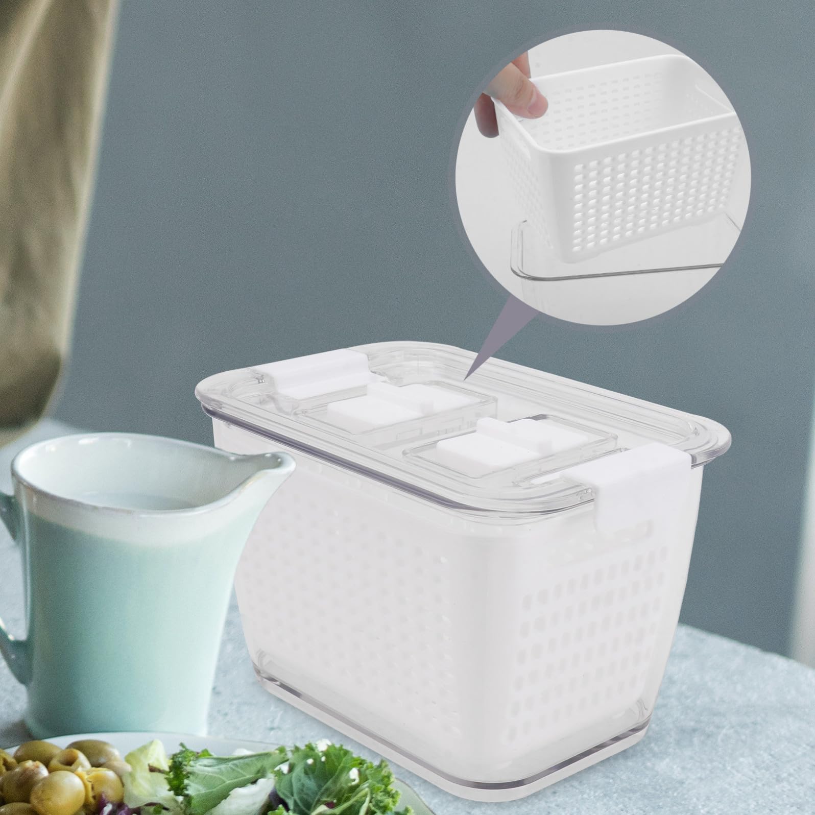 Contenitori per Alimenti in Plastica Bianca Struttura di Drenaggio e Chiusura Ermetica Set 3 Pezzi per Conservazione Frutta e Verdura Frigorifero in Cucina