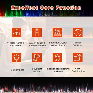 EROMMY 100 inch Electric Fireplace Inserts, Recessed and Wall Mounted Fireplace Silence Linear Fireplace with Timer, Remote Control, Overheating Protection, 9 Colors Adjustable LED Flame, 750/1500W